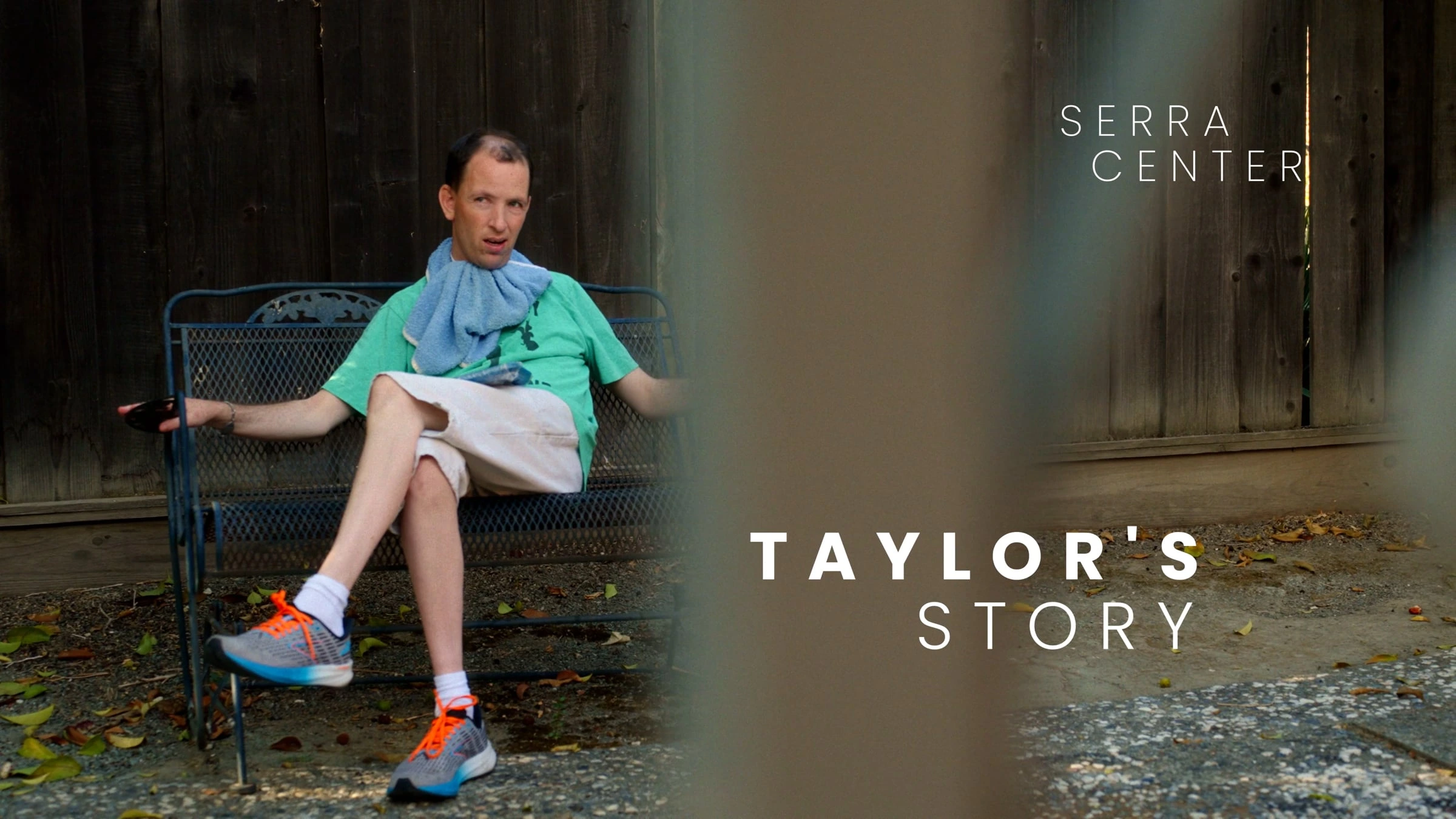 Taylor seated outdoors at Serra Center with Taylor’s Story title displayed