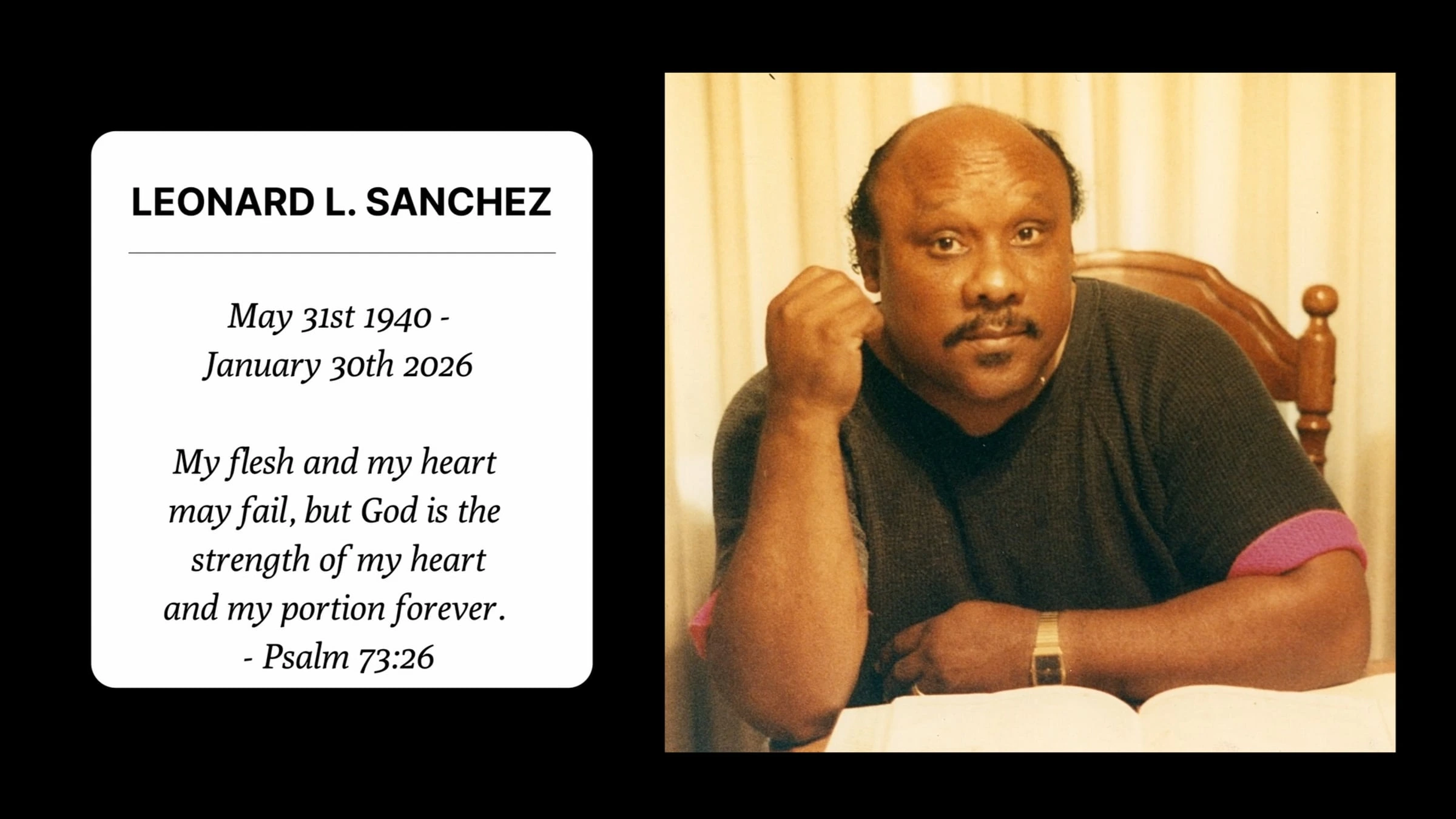 Memorial tribute featuring Leonard L. Sanchez with portrait and Bible verse.