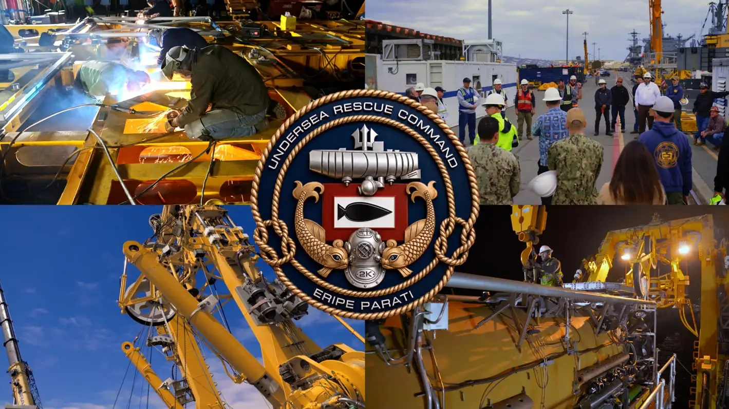 Undersea Rescue Command collage featuring welding, naval personnel, cranes, and underwater rescue equipment