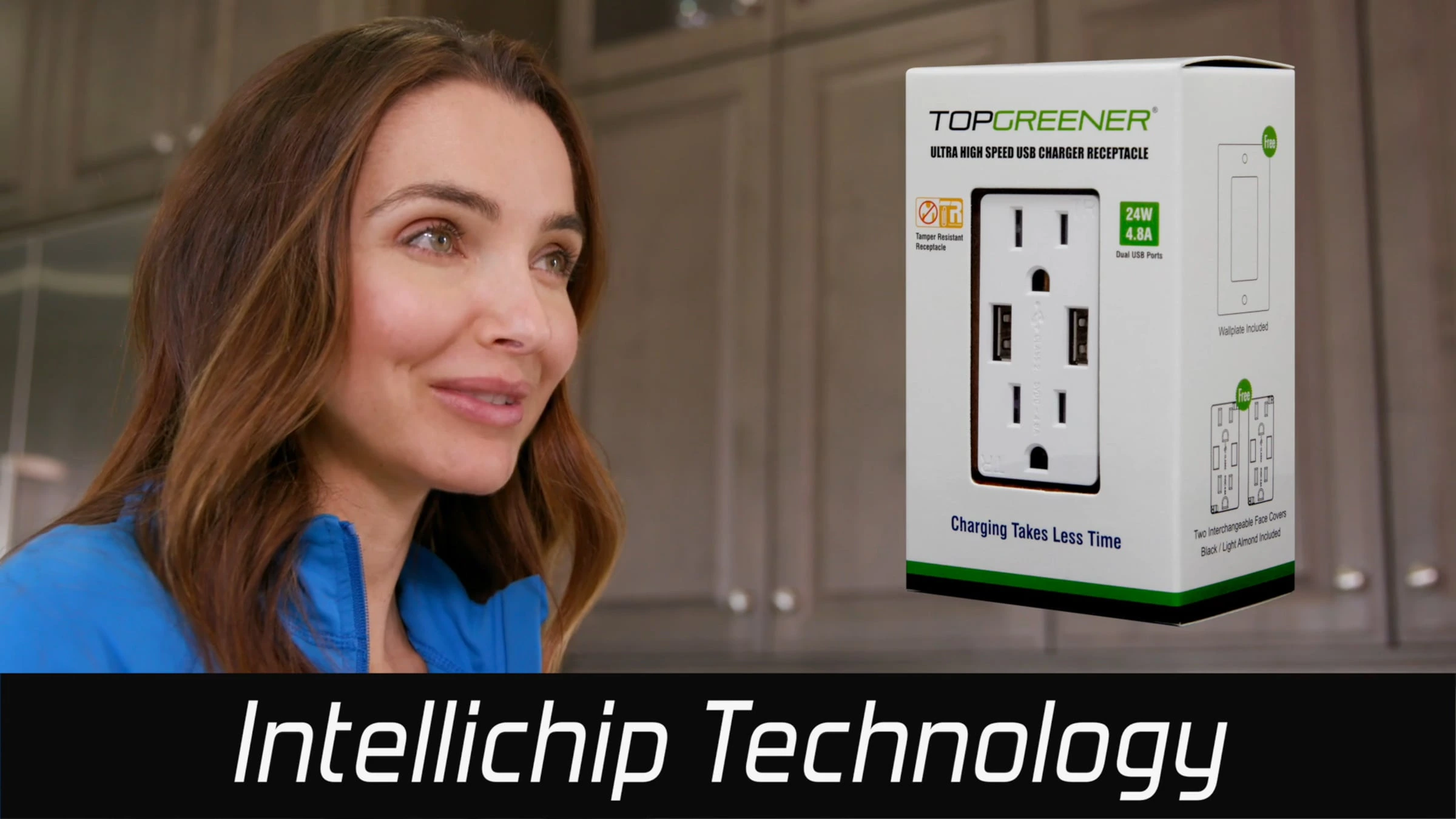 Woman viewing USB charger receptacle product